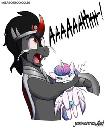 Size: 839x1024 | Tagged: safe, artist:jcosneverexisted, king sombra, princess flurry heart, alicorn, pony, unicorn, g4, the beginning of the end, aaaaaaaaaa, abuse, baby, bipedal, biting, crying, curved horn, diaper, fangs, female, floppy ears, foal, frown, glare, hanging, hoof shoes, horn, male, mismatched eyes, open mouth, patreon, screaming, season 9 doodles, simple background, sombrabuse, spread wings, stallion, tears of pain, white background, wide eyes, wings