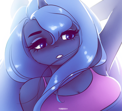 Size: 1920x1757 | Tagged: safe, artist:katputze, princess luna, alicorn, anthro, g4, adorasexy, arm behind head, armpits, breasts, bust, busty princess luna, cleavage, clothes, cute, female, lunabetes, mare, portrait, sexy, shoulder fluff, solo