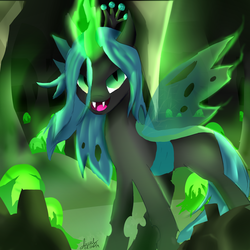 Size: 1560x1560 | Tagged: safe, artist:nicxchy, queen chrysalis, changeling, changeling queen, g4, changeling egg, changeling hive, crown, fangs, female, glowing horn, horn, jewelry, open mouth, regalia, solo