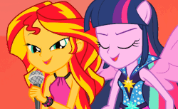 Size: 640x391 | Tagged: safe, screencap, sunset shimmer, twilight sparkle, alicorn, equestria girls, g4, my little pony equestria girls: rainbow rocks, animated, female, gif, ponied up, singing, sleeveless, twilight sparkle (alicorn), welcome to the show