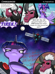 Size: 2550x3450 | Tagged: safe, artist:tadpoledraws, cozy glow, lord tirek, queen chrysalis, twilight sparkle, alicorn, centaur, pony, g4, season 9, armpits, big red button, cease and desist, comic, evil grin, flapping, flexing, grin, hasbro, high res, laser, latin, moon, orbital friendship cannon, rage, scary, smiling, space, space station, spooky, sweat, sweatdrop, twilight sparkle (alicorn), yelling