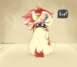 Size: 839x736 | Tagged: safe, artist:cokesleeve, oc, oc only, oc:red ink, pony, collar, dock, facing away, female, solo, speech bubble, spiked collar, sup