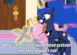 Size: 469x338 | Tagged: safe, edit, edited screencap, screencap, princess luna, pony, a royal problem, g4, animated, female, gif, grin, hercules, movie quote, nervous, nervous smile, scissors, smiling, solo, swapped cutie marks