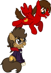 Size: 1173x1673 | Tagged: safe, artist:lightningbolt, derpibooru exclusive, oc, oc only, oc:binky, oc:chip, hybrid, pegasus, pony, zony, .svg available, clothes, duo, facial hair, female, freckles, glasses, happy, hoodie, looking up, male, mare, rayman, simple background, sitting, smiling, spread wings, stallion, stripes, svg, transparent background, unshorn fetlocks, vector, wings