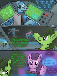 Size: 3024x4032 | Tagged: safe, artist:tacomytaco, oc, oc only, oc:admiral casey, oc:captain conray, oc:eickland, earth pony, pony, comic:space floofs, bipedal, comic, headset, offscreen character, space, spaceship, text