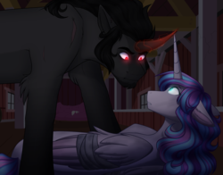 Size: 2800x2200 | Tagged: safe, artist:purplegrim40, king sombra, princess flurry heart, alicorn, pony, unicorn, g4, bandage, female, glowing eyes, high res, looking at each other, male, mare, older, older flurry heart, stallion, story included