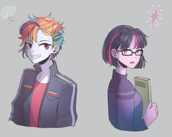 Size: 1800x1433 | Tagged: safe, artist:tcn1205, rainbow dash, sci-twi, twilight sparkle, human, equestria girls, g4, alternate hairstyle, book, clothes, duo, female, glasses, humanized, pony coloring, short hair, simple background, smiling