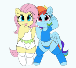 Size: 5277x4758 | Tagged: safe, artist:pabbley, color edit, edit, fluttershy, rainbow dash, pegasus, pony, semi-anthro, g4, arm hooves, belly button, bipedal, clothes, colored, cute, dashabetes, female, frog (hoof), looking at you, mare, midriff, shyabetes, socks, underhoof