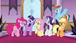 Size: 1920x1080 | Tagged: safe, screencap, applejack, fluttershy, pinkie pie, rainbow dash, rarity, twilight sparkle, alicorn, pony, g4, the beginning of the end, female, mane six, twilight sparkle (alicorn)