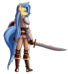 Size: 1674x1839 | Tagged: safe, artist:ikarooz, oc, oc only, oc:shadow chisel, anthro, female, knight, mare, simple background, solo, sword, weapon