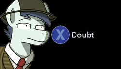 Size: 600x341 | Tagged: safe, artist:sugar morning, oc, oc only, oc:slipstream, black background, boofy, bust, clothes, doubt, hat, l.a. noire, male, meme, ponified meme, portrait, press x to doubt, simple background, stallion, text