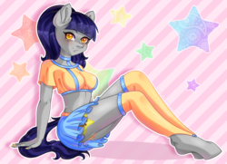 Size: 2000x1450 | Tagged: safe, artist:finulla, oc, oc only, oc:fruity blossom, earth pony, anthro, unguligrade anthro, anthro oc, beautiful, clothes, female, hooves, looking at you, mare, midriff, miniskirt, orange underwear, panties, ponytail, sitting, skirt, skirt lift, stockings, striped underwear, thigh highs, underwear