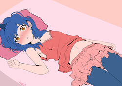 Size: 4092x2893 | Tagged: safe, artist:krokis, oc, oc only, oc:starlight blossom, human, satyr, unicorn, armpits, bed, belly, blushing, clothes, cute, lying, lying on bed, miniskirt, moe, satyrized, skirt, thighs