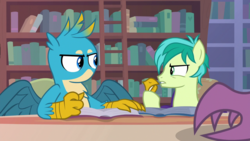 Size: 1280x720 | Tagged: safe, edit, edited screencap, screencap, gallus, sandbar, silverstream, classical hippogriff, griffon, hippogriff, g4, what lies beneath, beak, beakless, book, bookshelf, cartoon physics, duo focus, got your nose, i have no mouth and i must scream, ladder, male, modular, no mouth, offscreen character, wat