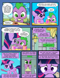 Size: 1275x1650 | Tagged: safe, artist:dsana, spike, twilight sparkle, dragon, pony, unicorn, comic:the shadow shard, g4, chocolate, comic, crying, cute, dialogue, duo, ears back, female, filly, filly twilight sparkle, flashback, floppy ears, food, hot chocolate, male, patreon, patreon logo, spikabetes, twiabetes, unicorn twilight, younger