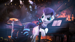 Size: 7680x4320 | Tagged: safe, artist:calveen, coloratura, earth pony, pony, g4, 3d, absurd resolution, book, bottle, chair, chandelier, drums, fire, lamp, leaning, lifted leg, looking at something, microphone, musical instrument, open mouth, piano, rara, saxophone, source filmmaker, stage light, statue, windswept mane