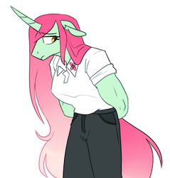 Size: 537x562 | Tagged: safe, artist:redxbacon, oc, oc only, oc:broken branch, anthro, biceps, breasts, clothes, cute, dress shirt, female, floppy ears, long hair, long tail, looking away, mare, muscles, muscular female, pants, shirt, shy, solo