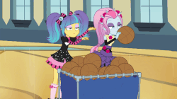 Size: 640x359 | Tagged: safe, screencap, pixel pizazz, violet blurr, equestria girls, g4, my little pony equestria girls: rainbow rocks, photo finished, animated, basketball, bored, canterlot high, duo, duo female, female, gif, gym, pigtails, sports, the snapshots, twintails