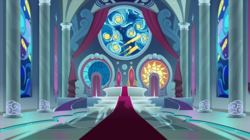 Size: 2100x1180 | Tagged: safe, screencap, g4, the beginning of the end, canterlot, canterlot castle, canterlot throne room, carpet, no pony, stained glass, throne, throne room