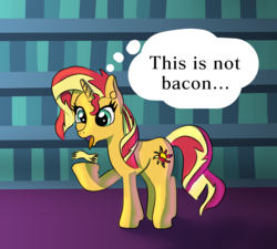 Size: 1616x1456 | Tagged: safe, artist:platinumdrop, sunset shimmer, pony, unicorn, g4, female, hay, implied ponies eating meat, in the human world for too long, mare, omnivore, omnivore sunset, open mouth, solo, spitting, thought bubble, tongue out