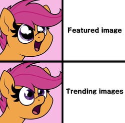 Size: 1035x1024 | Tagged: safe, scootaloo, pegasus, pony, derpibooru, g4, bust, dilated pupils, eyes on the prize, female, filly, frown, happy, looking up, meme, meme template, meta, open mouth, shocked, simple background, solo, surprised, text, trending images, wide eyes