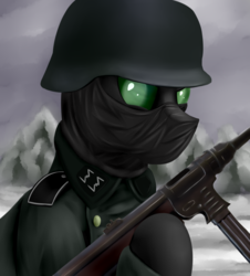 Size: 1500x1658 | Tagged: safe, artist:richmay, oc, oc only, changeling, equestria at war mod, army, bust, changeling oc, clothes, glare, green changeling, gun, helmet, hoof hold, looking at you, machine gun, mask, military, military uniform, mp40, portrait, solo, submachinegun, uniform, war, weapon, winter, world war ii