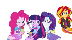 Size: 1024x576 | Tagged: safe, pinkie pie, rarity, sunset shimmer, twilight sparkle, equestria girls, g4, couchgirls, drinking, sitting, smiling