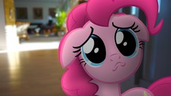 Size: 1280x720 | Tagged: safe, artist:stormxf3, pinkie pie, earth pony, pony, cast away (stormxf3), a friend in deed, g4, floppy ears, hall, irl, photo, ponies in real life, puppy dog eyes, puppy face, sad, solo, youtube link