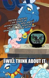 Size: 500x791 | Tagged: safe, edit, edited screencap, screencap, cozy glow, grogar, pony of shadows, pegasus, pony, g4, the beginning of the end, caption, crystal ball, female, filly, grogar's crystal ball meme, grogar's orb, image macro, text