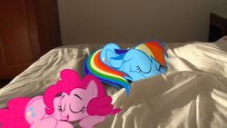 Size: 720x405 | Tagged: safe, artist:stormxf3, pinkie pie, rainbow dash, earth pony, pegasus, pony, g4, bed, bedroom, blanket, door, eyes closed, irl, open mouth, photo, ponies in real life, sleeping
