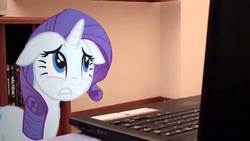 Size: 1280x720 | Tagged: safe, rarity, pony, g4, computer, floppy ears, irl, laptop computer, looking, photo, ponies in real life, solo