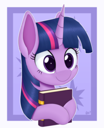 Size: 2456x3005 | Tagged: safe, artist:arcane-thunder, twilight sparkle, pony, unicorn, book, bookhorse, bust, cute, female, hug, mare, portrait, simple background, smiling, solo, that pony sure does love books, twiabetes, unicorn twilight, white background