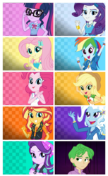 Size: 3104x5058 | Tagged: safe, applejack, fluttershy, pinkie pie, rainbow dash, rarity, sci-twi, spike, starlight glimmer, sunset shimmer, trixie, twilight sparkle, equestria girls, g4, my little pony equestria girls: better together, clothes, cyoa, equestria girls-ified, geode of empathy, geode of fauna, geode of shielding, geode of sugar bombs, geode of super speed, geode of super strength, geode of telekinesis, glasses, human spike, humane five, humane seven, humane six, jacket, magical geodes, recolor, smiling