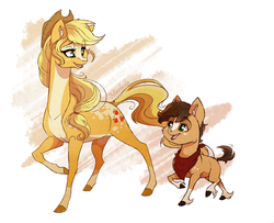 Size: 2430x1974 | Tagged: safe, artist:marbola, oc, earth pony, pony, abstract background, alternate design, bandana, colt, duo, female, long neck, looking at each other, male, mare, mother and son, next generation, offspring, parent:applejack, parent:trouble shoes, parents:troublejack, raised hoof, smiling, story included, unshorn fetlocks