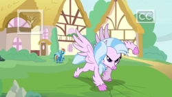 Size: 1920x1080 | Tagged: safe, screencap, rainbow dash, silverstream, classical hippogriff, hippogriff, pegasus, pony, g4, uprooted, >:), clothes, discovery family logo, dream, duo, female, fist, goggles, mare, smiling, smirk, superhero landing, tv rating, tv-y, uniform, wonderbolts uniform