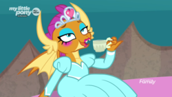 Size: 1920x1080 | Tagged: safe, screencap, smolder, dragon, g4, uprooted, clothes, cup, cute, discovery family logo, dragoness, dress, eyeshadow, female, food, jewelry, lidded eyes, lipstick, makeup, princess smolder, smolderbetes, solo, tea, teacup, tiara