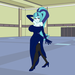 Size: 1440x1440 | Tagged: safe, artist:momoiro-kun, sonata dusk, equestria girls, g4, arm behind head, armpits, big breasts, breasts, busty sonata dusk, cleavage, clothes, curvy, dress, evening gloves, female, gloves, hairband, high heels, hourglass figure, huge breasts, long gloves, looking at you, ponytail, shoes, side slit, smiling, socks, solo, stockings, thigh highs, wide hips
