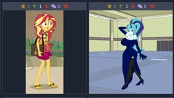 Size: 488x275 | Tagged: safe, artist:momoiro-kun, sonata dusk, sunset shimmer, derpibooru, equestria girls, equestria girls specials, g4, my little pony equestria girls: better together, my little pony equestria girls: forgotten friendship, arm behind head, armpits, big breasts, breasts, busty sonata dusk, cleavage, clothes, curvy, dress, evening gloves, female, gloves, hairband, high heels, hourglass figure, huge breasts, juxtaposition, juxtaposition win, long gloves, looking at you, meme, meta, ponytail, shoes, side slit, smiling, socks, stockings, thigh highs, wide hips
