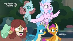 Size: 1920x1080 | Tagged: safe, screencap, gallus, ocellus, silverstream, smolder, yona, changedling, changeling, classical hippogriff, dragon, griffon, hippogriff, yak, g4, uprooted, bow, discovery family logo, dragoness, female, flying, hair bow, male, monkey swings