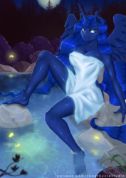 Size: 800x1132 | Tagged: safe, artist:yoye-wolfgrel, princess luna, alicorn, anthro, plantigrade anthro, g4, breasts, busty princess luna, cleavage, feet, female, hot springs, looking at you, naked towel, solo, towel