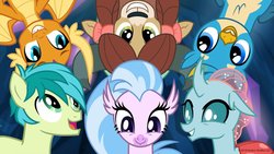 Size: 2048x1152 | Tagged: safe, screencap, gallus, ocellus, sandbar, silverstream, smolder, yona, changedling, changeling, classical hippogriff, dragon, earth pony, griffon, hippogriff, pony, yak, g4, uprooted, all new, cute, diaocelles, diastreamies, discovery family logo, dragoness, female, gallabetes, male, mare, sandabetes, smiling, smolderbetes, song, student six, teenager, text, the place where we belong, upside down, yonadorable