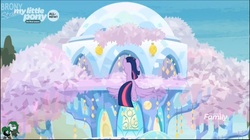 Size: 3833x2150 | Tagged: safe, screencap, tree of harmony, twilight sparkle, alicorn, pony, g4, uprooted, all new, bronystate, discovery family logo, female, harmy castle, high res, mare, text, treehouse, treehouse of harmony, twilight sparkle (alicorn)