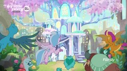 Size: 1920x1080 | Tagged: safe, screencap, gallus, ocellus, sandbar, silverstream, smolder, yona, changedling, changeling, classical hippogriff, dragon, earth pony, griffon, hippogriff, pony, yak, g4, uprooted, beautiful, discovery family logo, dragoness, female, flying, harmy castle, scenery, spread wings, student six, treehouse of harmony, wings