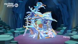 Size: 1085x610 | Tagged: safe, screencap, gallus, ocellus, silverstream, tree of harmony, yona, changedling, changeling, classical hippogriff, griffon, hippogriff, pony, yak, g4, uprooted, all new, cave, cave of harmony, crystal, discovery family logo, text