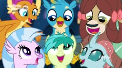 Size: 1920x1080 | Tagged: safe, screencap, gallus, ocellus, sandbar, silverstream, smolder, yona, changedling, changeling, classical hippogriff, dragon, griffon, hippogriff, pony, yak, g4, uprooted, bow, cute, diaocelles, diastreamies, discovery family logo, dragoness, female, gallabetes, hair bow, happy, looking down, male, monkey swings, sandabetes, smolderbetes, student six, the place where we belong, yonadorable