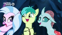 Size: 1920x1080 | Tagged: safe, screencap, ocellus, sandbar, silverstream, changedling, changeling, earth pony, hippogriff, pony, g4, uprooted, cute, diaocelles, diastreamies, discovery family logo, female, male, sandabetes, sapling, the place where we belong, trio