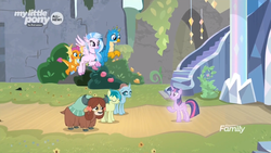 Size: 1085x610 | Tagged: safe, screencap, gallus, ocellus, sandbar, silverstream, smolder, tree of harmony, twilight sparkle, yona, alicorn, changedling, changeling, classical hippogriff, dragon, earth pony, griffon, hippogriff, pony, yak, g4, uprooted, all new, bow, cloven hooves, colored hooves, discovery family logo, dragoness, female, flying, hair bow, jewelry, male, monkey swings, necklace, teenager, text, treelight sparkle, twilight sparkle (alicorn)