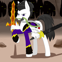 Size: 1500x1500 | Tagged: safe, artist:ruanshi, oc, oc only, oc:pipe dream, pegasus, pony, adventure, adventurer, clothes, costume, dungeon, eye, eyes, helix sword, phoenix sword, shadowbolts, shadowbolts costume, star sword, sword, weapon