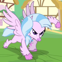 Size: 788x794 | Tagged: safe, screencap, silverstream, classical hippogriff, hippogriff, g4, uprooted, cropped, female, ground, ponyville, punch, smashing, solo, superhero landing
