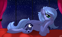 Size: 2390x1423 | Tagged: dead source, safe, artist:orangejuicerus, princess luna, alicorn, pony, g4, anatomically incorrect, bed, bedroom eyes, colored pupils, curtains, ear fluff, eyeshadow, female, fluffy, incorrect leg anatomy, leg fluff, lidded eyes, looking at you, makeup, mare, missing accessory, night, prone, s1 luna, shoulder fluff, sky, solo, stars, window, wing fluff